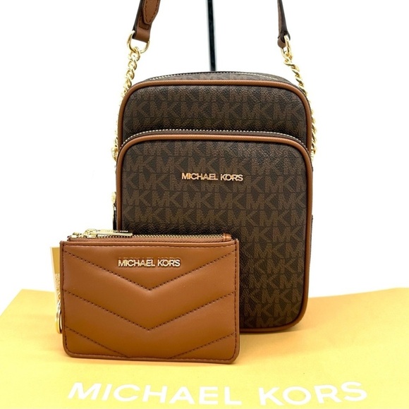 Michael Kors Medium NS Chain Xbody Bag & Small TZ Coinpouch w/ID Brown/Gold - Picture 1 of 14